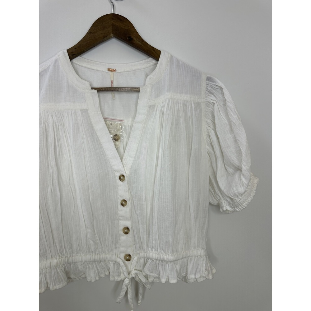 NEW Free People Little Cloud Button-Up Crop Top V-Neck Short Sleeve Sheer XS - Picture 5 of 14